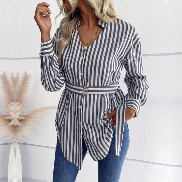 Autumn Casual Women Wear Long Sleeve V neck Mid Length Striped Shirt