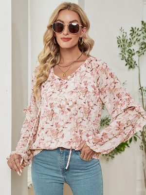 Autumn Winter Elegant Lantern Sleeve Top Loose Lace up Printed Chiffon Shirt