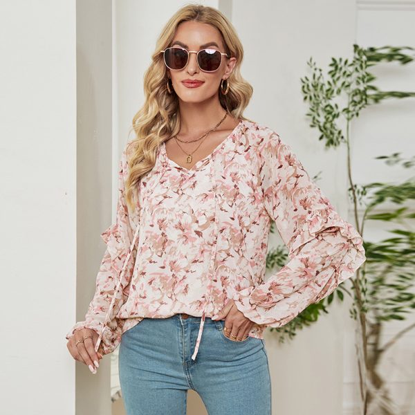 Autumn Winter Elegant Lantern Sleeve Top Loose Lace up Printed Chiffon Shirt