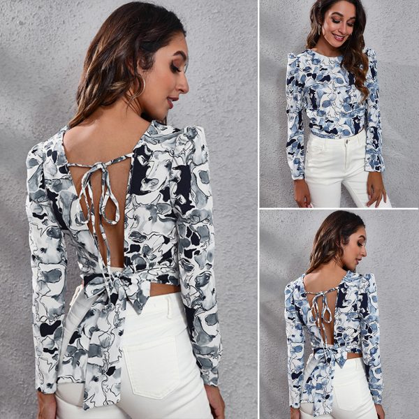 Backless Lace up Puff Sleeve Tie-Dye Printing Women  Cropped Top  Women  Clothing