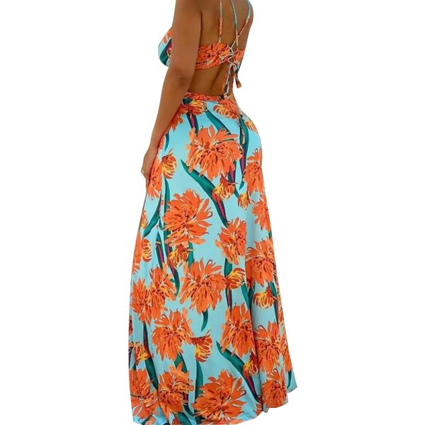 Summer  Printed Sexy Suspenders Backless Slit Dress