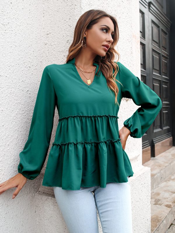 Women Clothing Autumn Winter V-neck Ruffled Loose Casual Top Chiffon Shirt