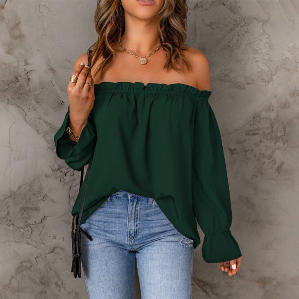 Spring Autumn off Shoulder Sexy off Shoulder Chiffon Shirt Ladies Solid Color Pullover T shirt