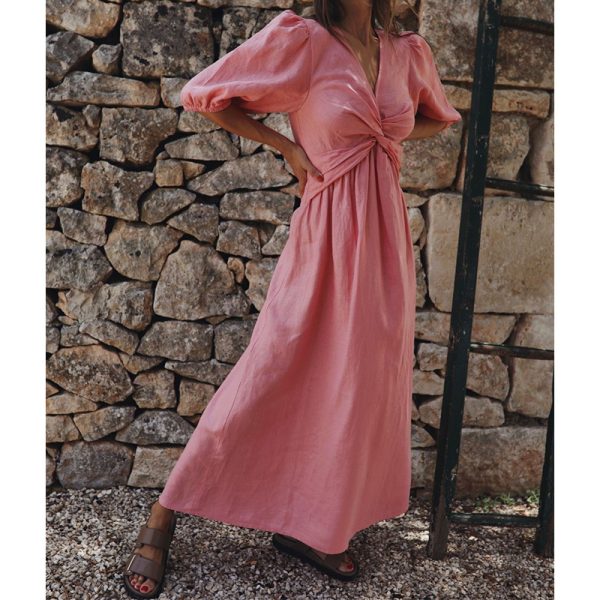 Spring Solid Color High Waist Slimming V Neck  Puff Sleeve Midi Dress