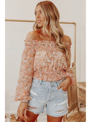 Sexy off-Shoulder off-Shoulder Long-Sleeved Top Women Spring Autumn Waist-Tight Floral T-shirt