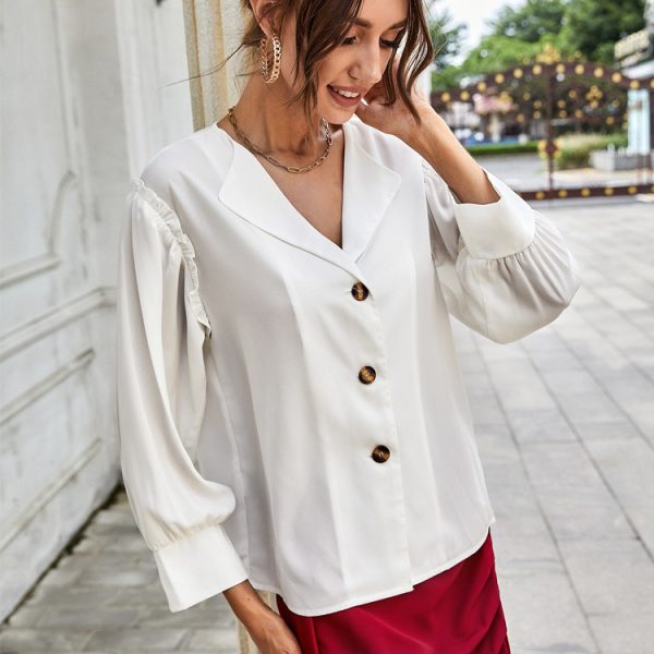 High Grade Elegant Shirt Spring Autumn V neck Long Sleeve White Shirt Women