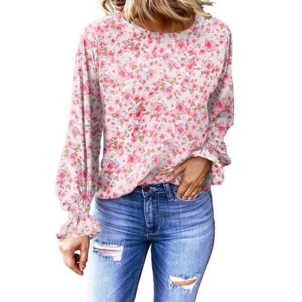 Autumn Women Clothing Floral round Neck Shirt Women Bishop Sleeves Top