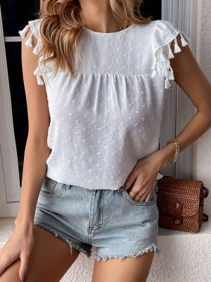 Summer Women Clothing Tassel Stitching Solid Color Shirt Women Texutured