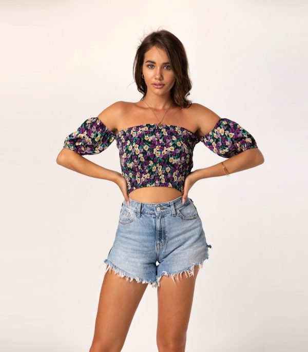 Women Clothing Elegant Sexy Slim Fit off Shoulder Small Floral Smocking Short Top Vest