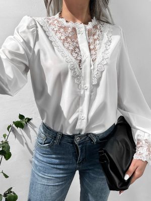 Autumn Winter Lace Shirt Lantern Sleeve Single Breasted Top