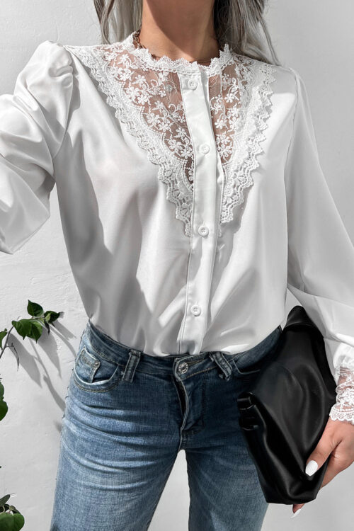 Autumn Winter Lace Shirt Lantern Sleeve Single Breasted Top