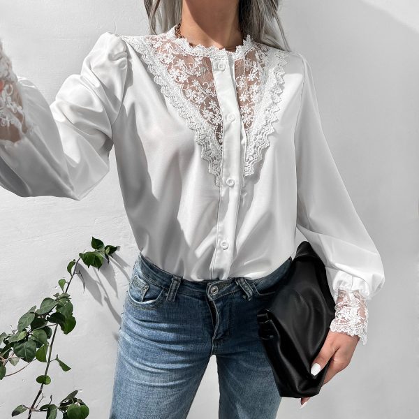 Autumn Winter Lace Shirt Lantern Sleeve Single Breasted Top