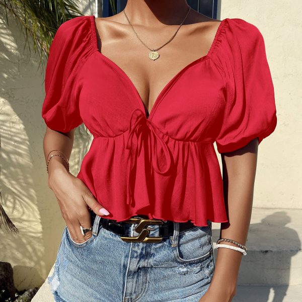 Women  Clothing Exclusive V neck Top Backless Short Sleeve Tied Shirt