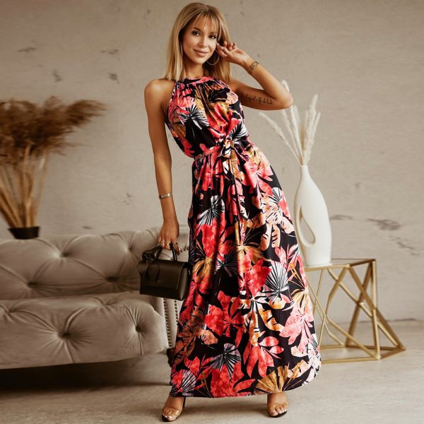 Women Clothing plus Size Dress Summer Bohemian Vintage Printed Halter Belt Beach Maxi Dress