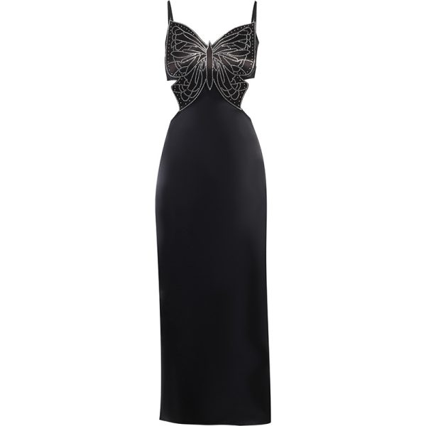 French Bow Suspenders Hollow Out Cutout Dress Slim Fit Sexy Black Formal Dress