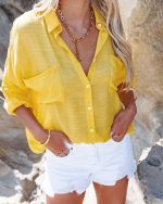 Slubbed Fabric Long-Sleeved Shirt Vacation Casual Beach Beach Cover Up 4 Colors