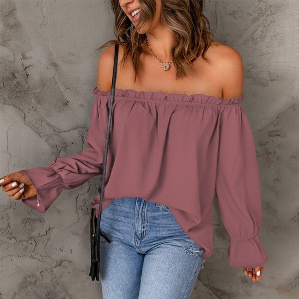 Spring Autumn off Shoulder Sexy off Shoulder Chiffon Shirt Ladies Solid Color Pullover T shirt