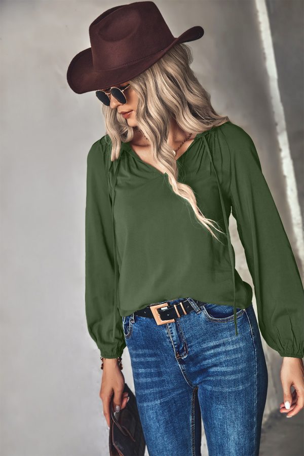 Autumn Winter Solid Color V neck Long Sleeve Top