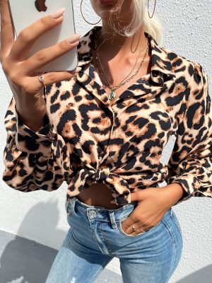 Women Clothing Autumn Long Sleeve Leopard Print Buckle Collared Shirt for Women