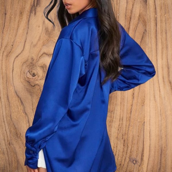 Satin Satin Collared Solid Color Loose Long Sleeves Shirt Drape Top Women