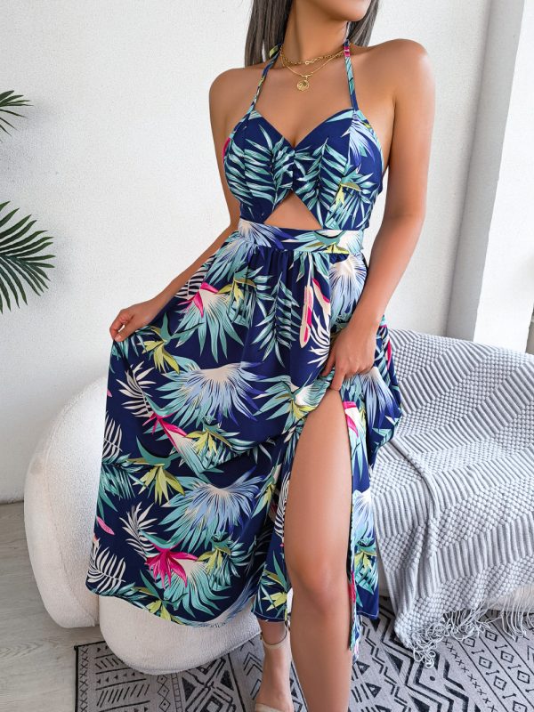 Spring Summer Vacation Sleeveless Cutout Sling Maxi Dress Beach Dress Women Clothing