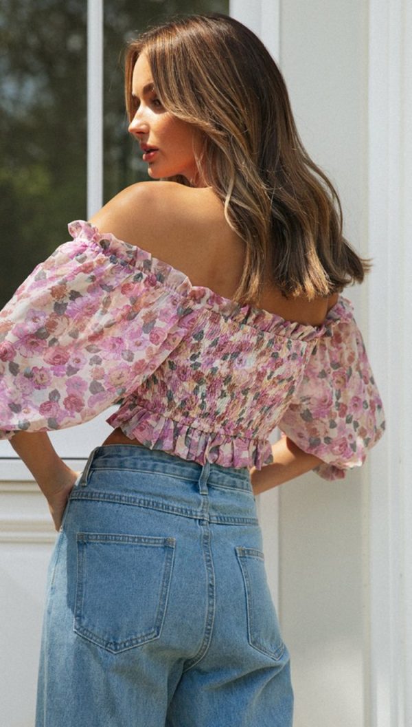 Women Clothing Casual Printed Sexy off-Shoulder Top Lantern Sleeve Shirt smocked