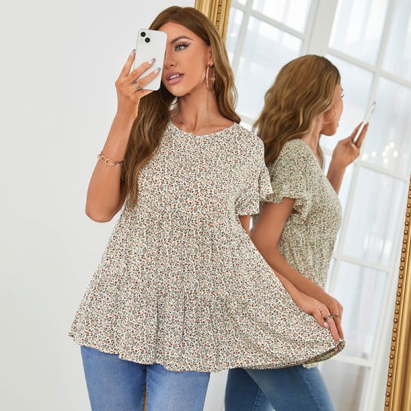 Summer Elegant Elegant round Neck Ruffle Sleeve A Line Printed Babydoll Top