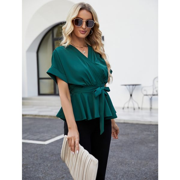 Office Women  Casual Ruffled Waist Slimming Batwing Sleeves Top