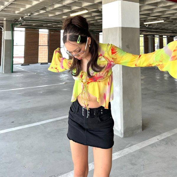 Gradient Printing Sexy V-neck Tie-Neck Flared Sleeves Top Women Summer