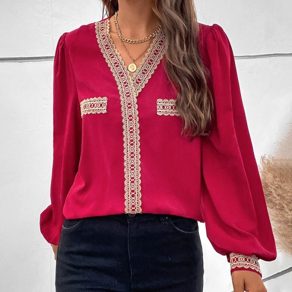 Women Clothing Red Stitching Lace Edge Long Sleeve V neck Shirt Women Top