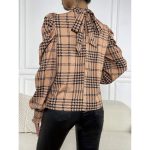 Spring Summer Office Puff Sleeve Houndstooth Printed Top Women