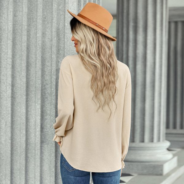 Autumn Winter V-neck Top Women Fastener Decoration Solid Color Shirt