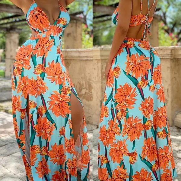 Summer  Printed Sexy Suspenders Backless Slit Dress