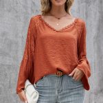 Women Clothing Solid Color Stitching Lace Cutout V neck Long Sleeve Top Women