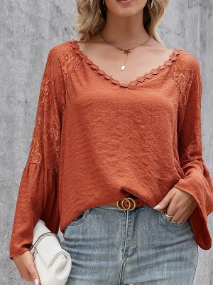 Women Clothing Solid Color Stitching Lace Cutout V neck Long Sleeve Top Women