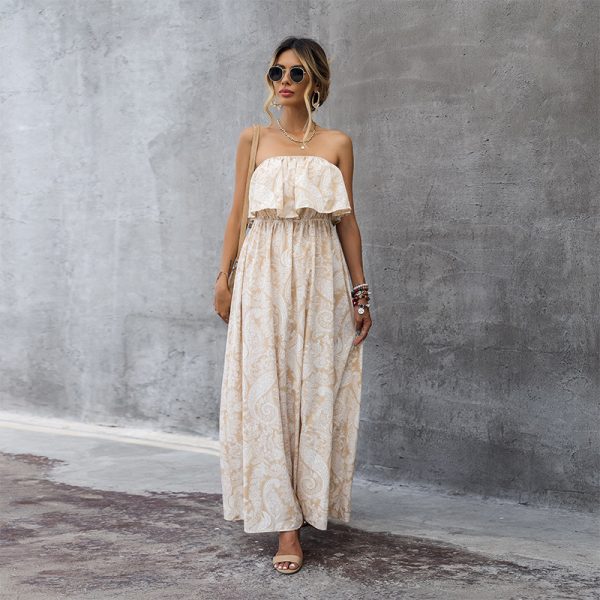 Popular Summer Apricot Ruffled Tube Top High Waist Dress