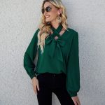 New Autumn Winter Women Clothing Shirt Solid Color V-neck Lace up Long Sleeve Shirt