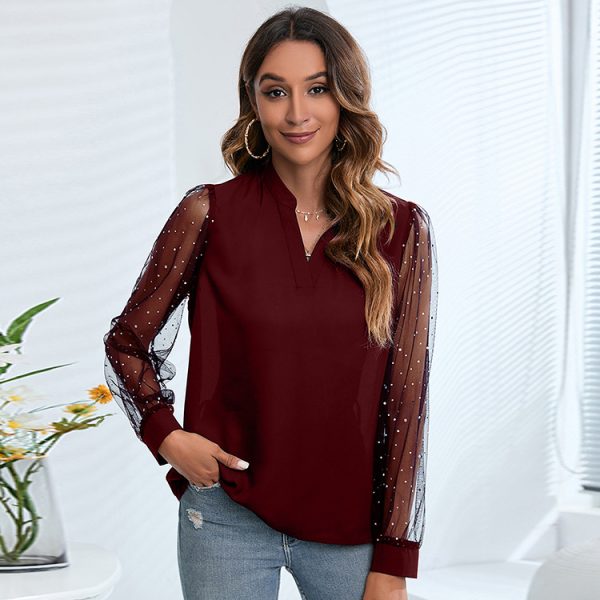 Women Clothing Long Sleeve Mesh Patchwork Top Spring Summer V-neck Chiffon Shirt