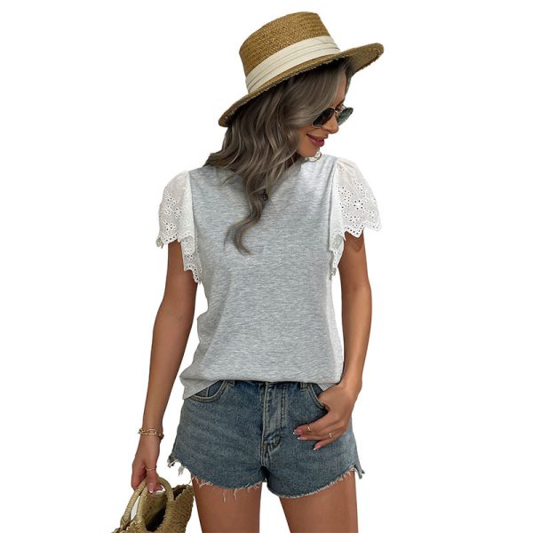 Loose Crew Neck Top Casual Patchwork Short Sleeve Women Summer