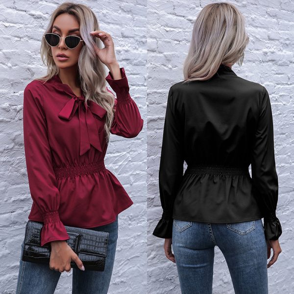 Autumn  Solid Color Scarf Collar Slim Fit Elasticated Waist Speaker Long Sleeve Pullover Shirt Female