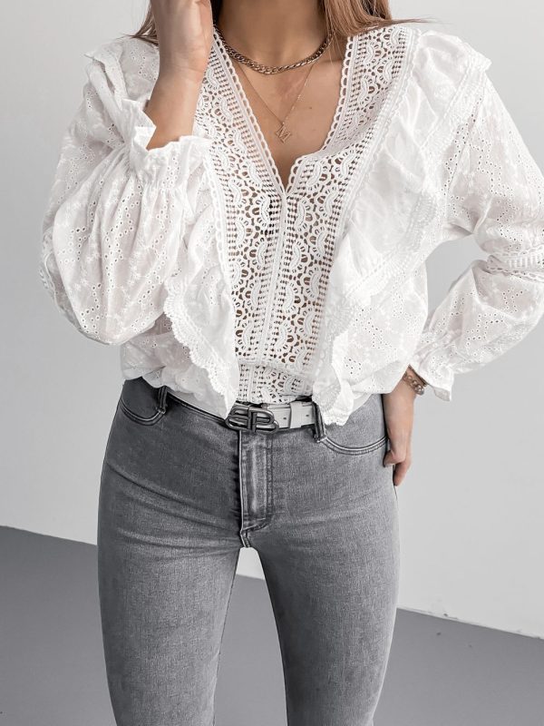 Women Clothing Spring Summer V-neck Lace Long Sleeve Tops Shirt Lace Hollow Out Cutout Eyelet Embroidery