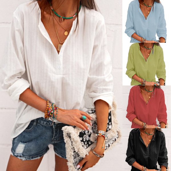 Spring Summer V-neck Striped Cotton Linen Top Loose Casual Shirt Women