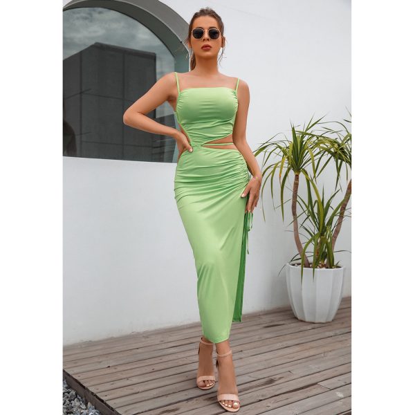 Women Clothing  Summer Sexy Sleeveless Split Midi Dress Milk Silk Maxi Dress Women