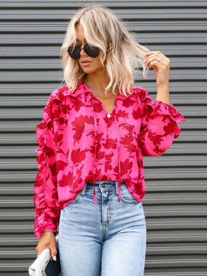 Rose Pleated Printed Shirt Autumn Loose V neck Chiffon Shirt Top