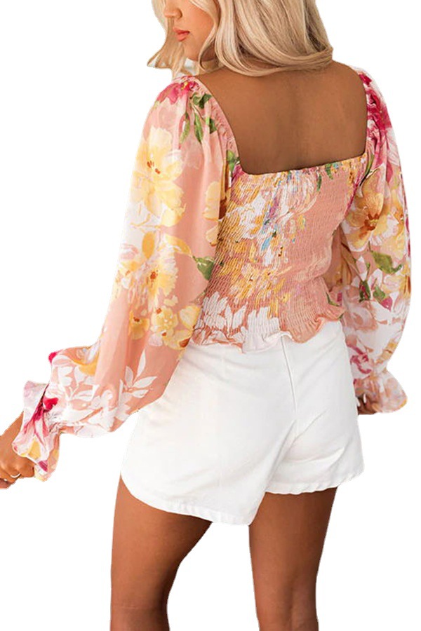 Summer Women V-neck Long Sleeve Printed Thin Loose Floral Top