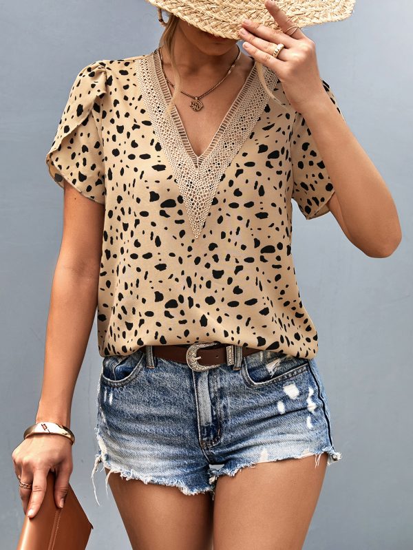 Women Clothing V neck Lace Printed Shirt