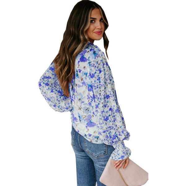 Chiffon Shirt Cardigan Spring Summer Loose Floral Pattern Lantern Sleeve Top for Women