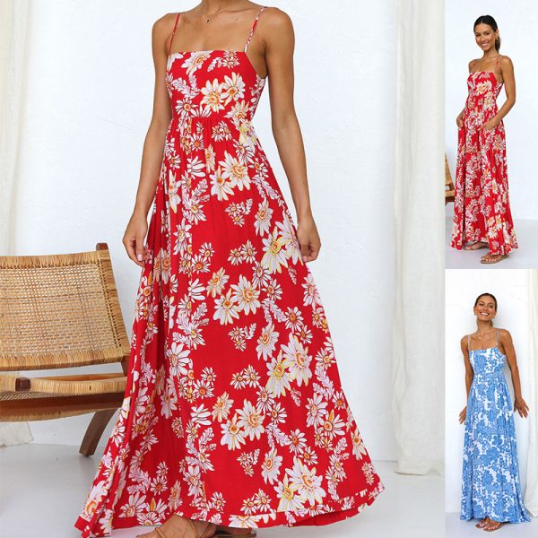 Elegant High Waist Print Backless Cami Dress