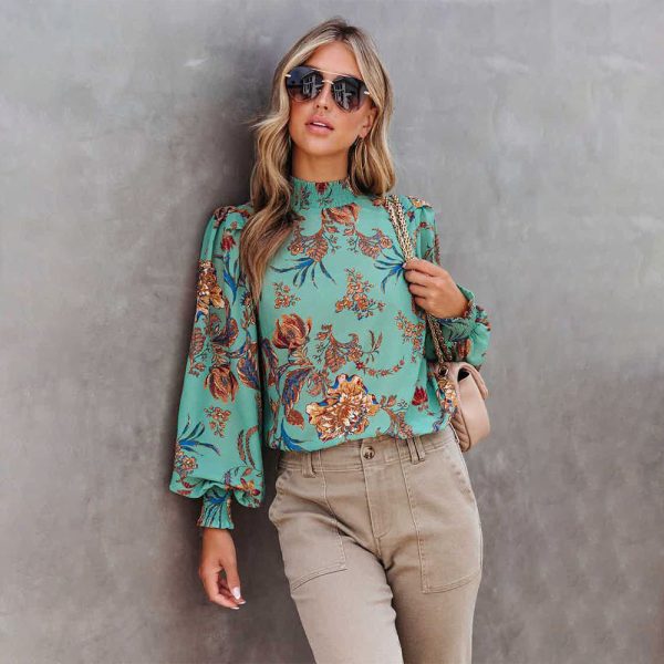 Fall Floral Print Long Sleeve Turtleneck Loose Casual Shirt Women