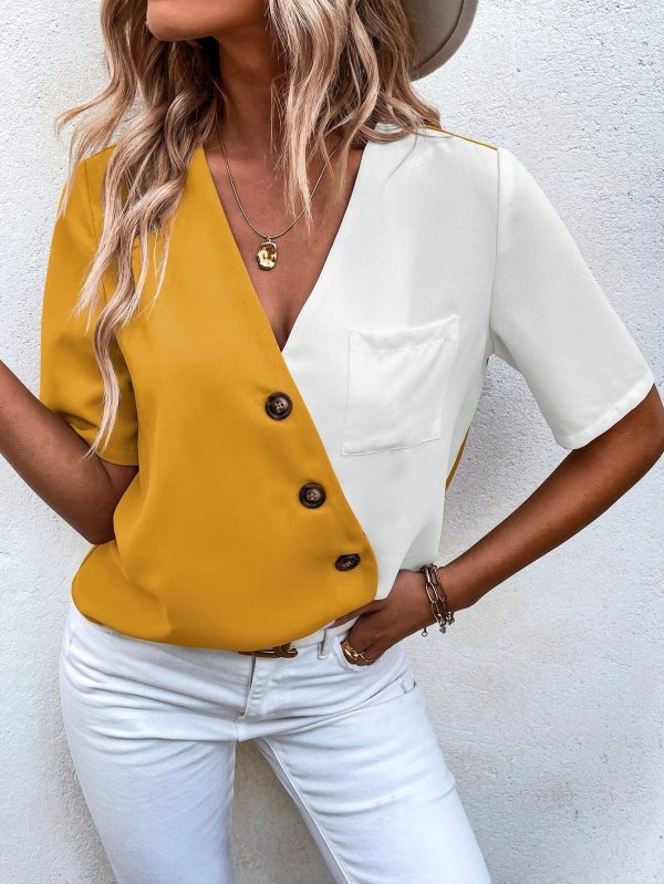 Summer Elegant V neck Color Block Short Sleeve Contrast Color Shirt Women Top